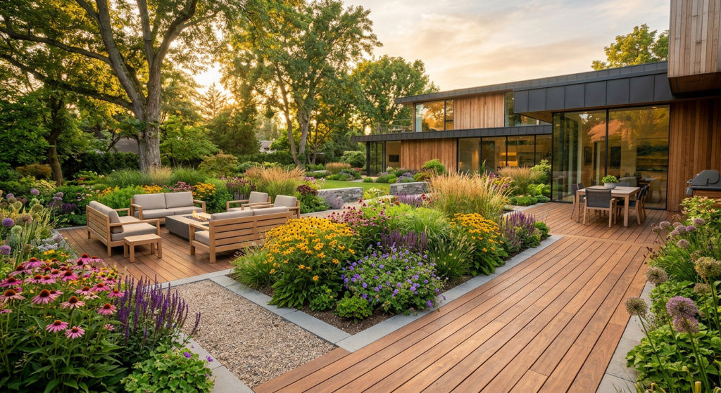 A wide-angle, professional editorial shot of a lush, meticulously maintained contemporary garden dur