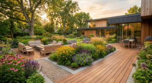 A wide-angle, professional editorial shot of a lush, meticulously maintained contemporary garden dur