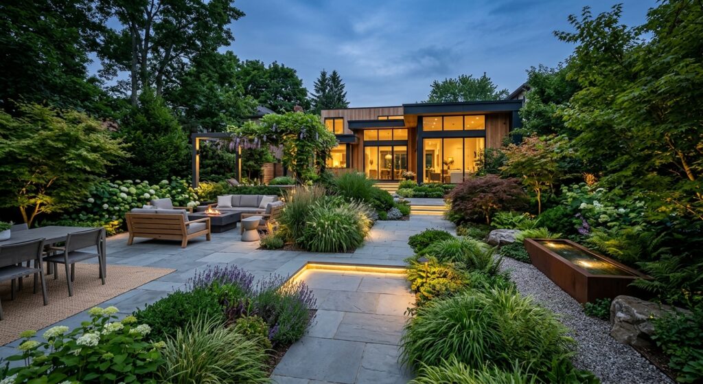 A high-end, professional architectural photograph of a modern, beautifully landscaped residential ga