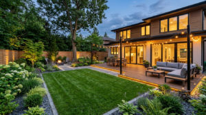 A high-quality, professional wide-angle shot of a beautifully landscaped modern backyard garden feat