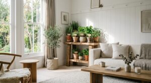 A bright, minimalist Scandinavian living room featuring sustainable interior elements, natural sunli