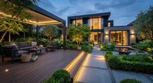 A high-end, professional architectural photograph of a modern, beautifully landscaped residential ga