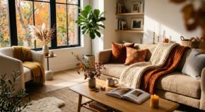 A cozy, modern living room transitioning into autumn with soft sunlight streaming through a window,