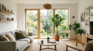 A bright, modern Scandinavian living room featuring sustainable elements like indoor plants, smart l