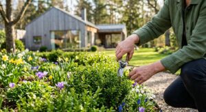 A high-quality, editorial professional photograph of a person’s hands neatly pruning a green shrub i