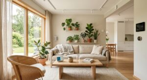 A clean, modern, and sunlit Scandinavian living room featuring sustainable interior elements, lush i