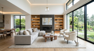 A high-end, professional interior shot of a modern, renovated living room with sophisticated lightin
