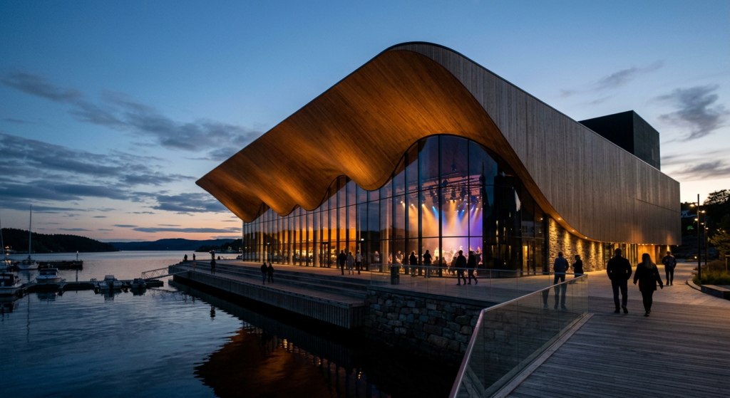 A high-end editorial photograph capturing a contemporary Norwegian cultural venue blending modern ar
