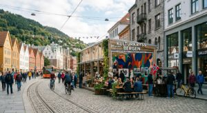 A professional, editorial-style photograph capturing a modern Norwegian city streetscape blending hi