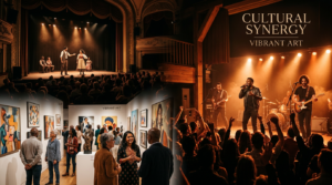 A diverse and vibrant collage of cultural icons including a dimly lit theater stage, an art gallery