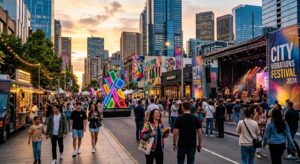 A vibrant, professional editorial photograph of a bustling modern city street integrated with art in