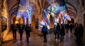 A professional editorial image featuring a modern, immersive digital art installation blending seaml