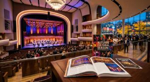 A professional, editorial-style composition featuring a vibrant blend of theater stage lights, an op