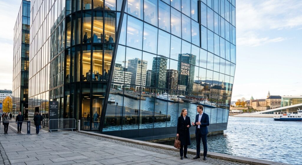 A professional editorial photograph of a modern Norwegian cityscape reflected in a glass office buil