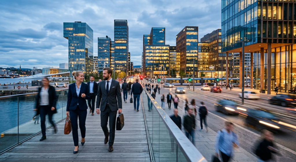 A professional, editorial-style photograph capturing a modern Norwegian business district with blurr