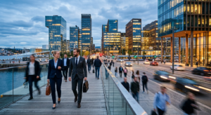 A professional, editorial-style photograph capturing a modern Norwegian business district with blurr
