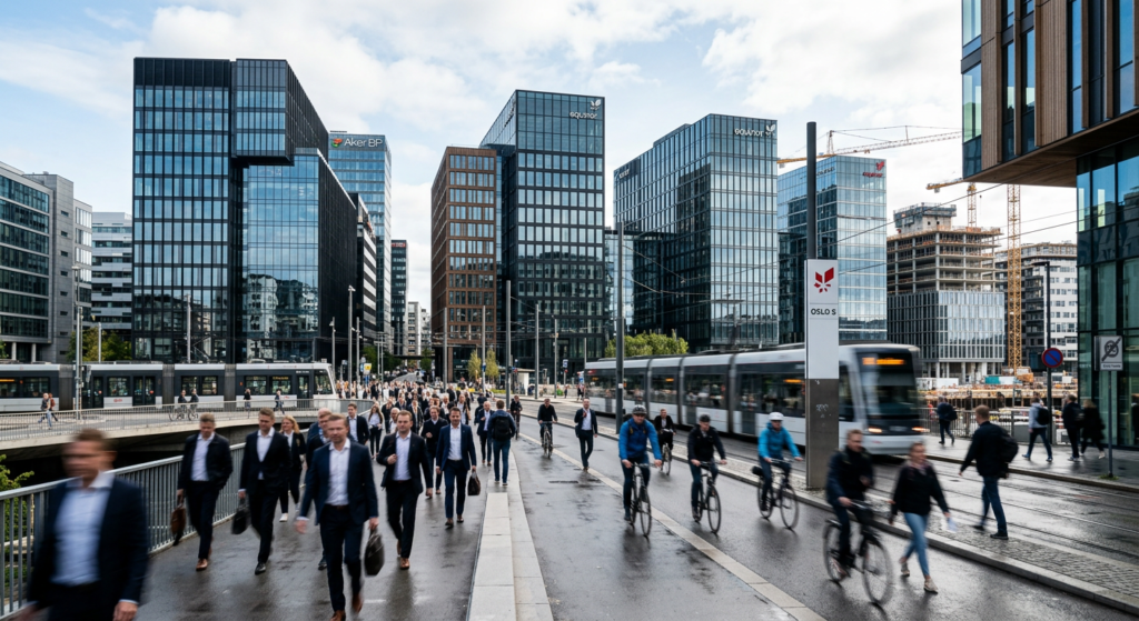 A high-quality, professional editorial photograph of a modern Norwegian business district with blurr