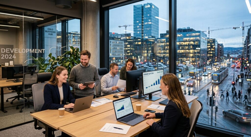 A professional, high-quality editorial photograph featuring a modern Norwegian office building works