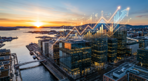 A professional, high-angle editorial shot of a modern Norwegian business district with glass office