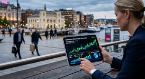 A professional, editorial-style photograph featuring a blurred background of a bustling Norwegian ci