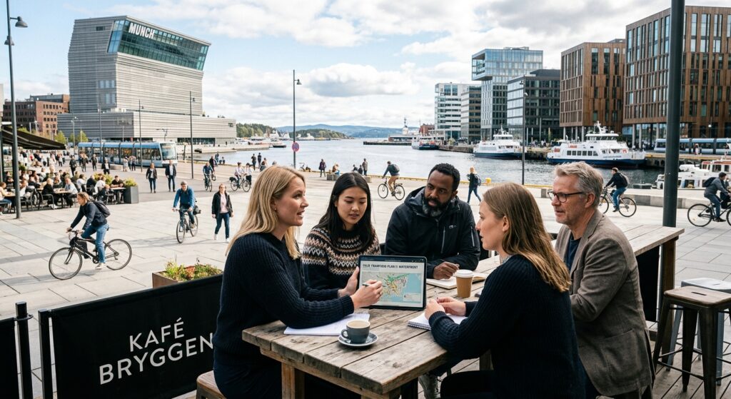 A professional editorial photograph showing a diverse group of people discussing a digital tablet in