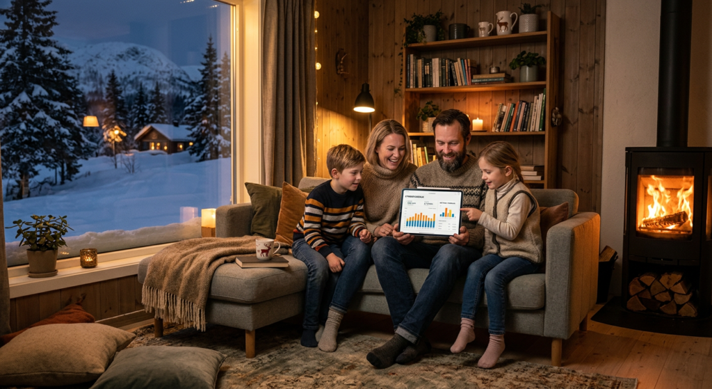 A professional editorial photograph of a cozy Norwegian living room during winter, featuring a famil