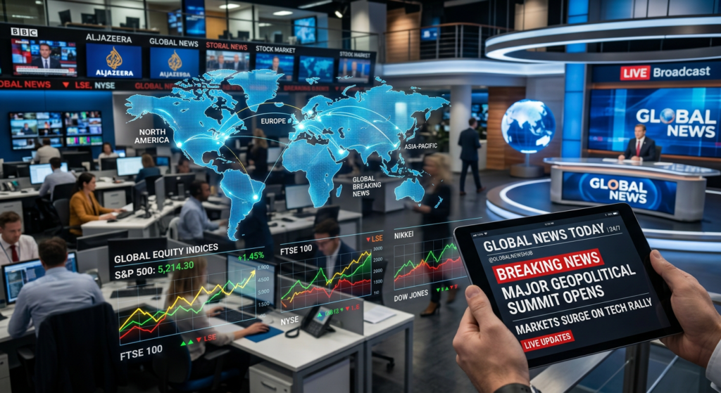 A professional editorial-style composite image featuring a blurred global newsroom background with c