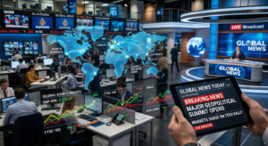 A professional editorial-style composite image featuring a blurred global newsroom background with c