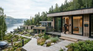 A sleek, modern Norwegian architectural housing development integrated with advanced smart-home tech