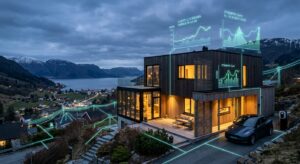 A professional editorial image featuring a modern Norwegian home exterior paired with a subtle overl