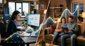 A professional, editorial-style photograph showing a split composition of a modern workspace with a