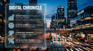 A professional, modern editorial composition featuring a glowing digital news feed overlay on a blur