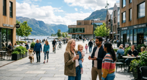 A professional, high-quality editorial photograph capturing a modern Norwegian town center with citi