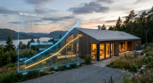 A professional editorial composition featuring a glowing digital chart of rising energy and interest