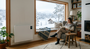 A high-quality editorial photograph of a cozy, modern Norwegian living room in winter with a focus o