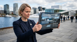 A professional, editorial-style conceptual image featuring a modern Norwegian cityscape reflected in