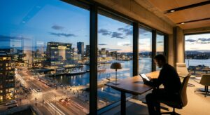A high-quality, professional editorial photograph of a modern Norwegian cityscape transition, featur