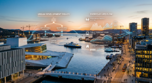 A professional editorial photograph of a modern Norwegian cityscape at sunrise, featuring a blend of