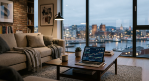A professional editorial photograph of a modern Norwegian living room, subtly showing a digital tabl