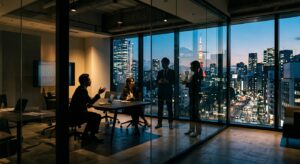 A professional, cinematic shot of a modern glass-walled office overlooking a bustling cityscape at t