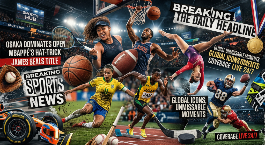 A high-quality, professional editorial composition featuring a dynamic collage of diverse sports ico