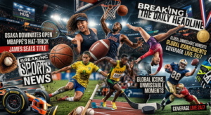 A high-quality, professional editorial composition featuring a dynamic collage of diverse sports ico