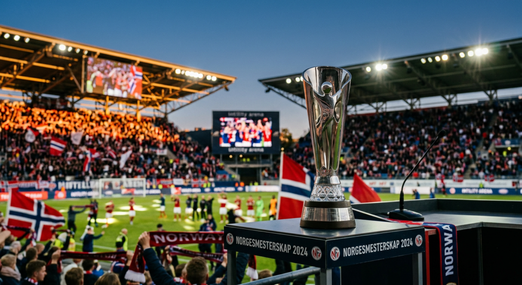 A professional editorial photograph of a blurred, high-energy Norwegian sports stadium at dusk with