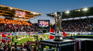 A professional editorial photograph of a blurred, high-energy Norwegian sports stadium at dusk with