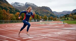 A professional editorial photograph of a Norwegian athlete training intensely on a scenic track duri