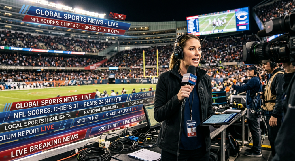 A professional editorial-style photograph featuring a blurred background of a stadium mixed with dig