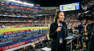 A professional editorial-style photograph featuring a blurred background of a stadium mixed with dig