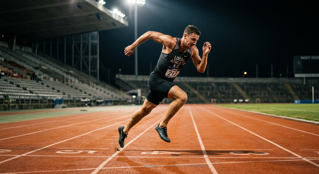A professional, high-angle sports photography shot of a dedicated local athlete in action during an