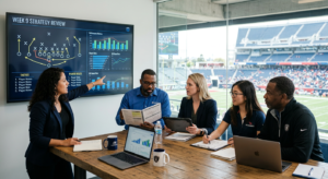 A professional editorial photograph of a diverse sports management team collaborating in a modern of