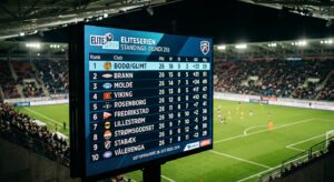 A professional, high-angle editorial photograph of a modern digital sports scoreboard displaying upd